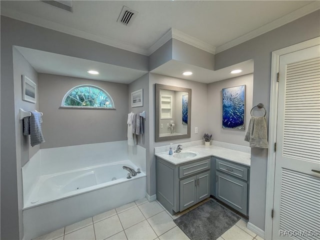 bathroom with visible vents, ornamental molding, tile patterned flooring, vanity, and recessed lighting