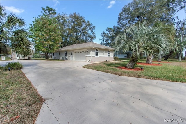 view of front facade featuring concrete driveway, a front lawn, an attached garage, and stucco siding