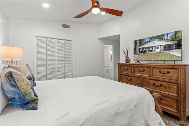 4080 N Eagle Nest Pt, Crystal River, FL 34428 - bedroom featuring a closet, recessed lighting, a ceiling fan, and wood finished floors