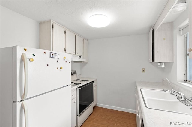 2 James St, Beverly Hills, FL 34465 - kitchen with white appliances, under cabinet range hood, light wood-type flooring, and light countertops