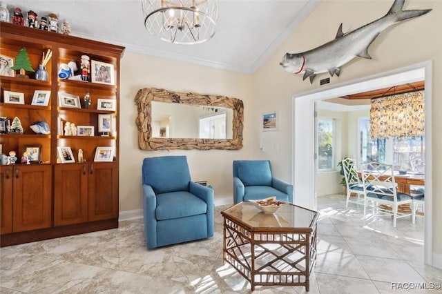 sitting room with a chandelier and crown molding