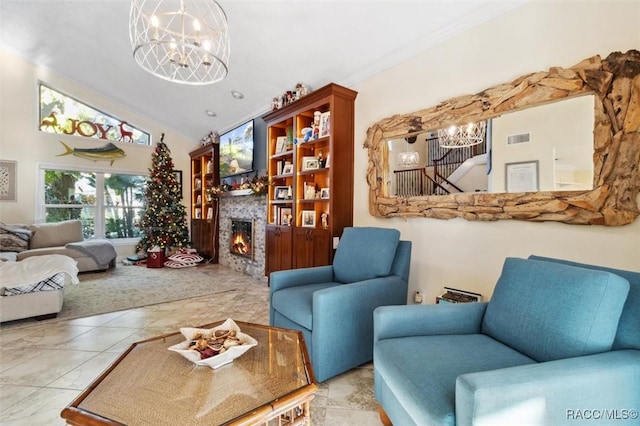 living room with vaulted ceiling, light tile patterned floors, and a chandelier