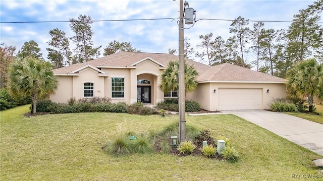 view of front of home featuring concrete driveway, an attached garage, french doors, a front lawn, and stucco siding