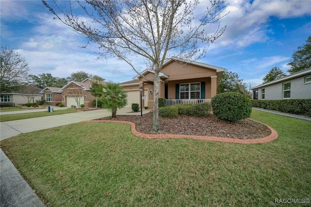 view of front of property featuring a garage, covered porch, and a front lawn