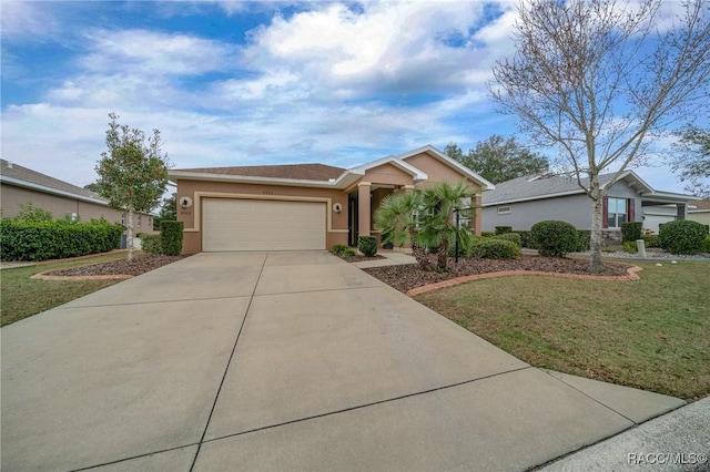 ranch-style home with a garage and a front yard