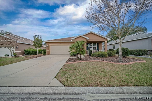 single story home with a garage, a front lawn, and covered porch