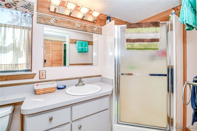 bathroom featuring a textured ceiling, a shower stall, and vanity