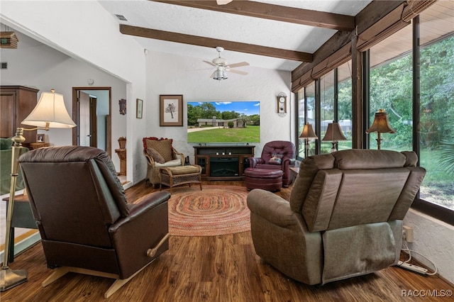 living room featuring vaulted ceiling with beams, ceiling fan, and hardwood / wood-style floors