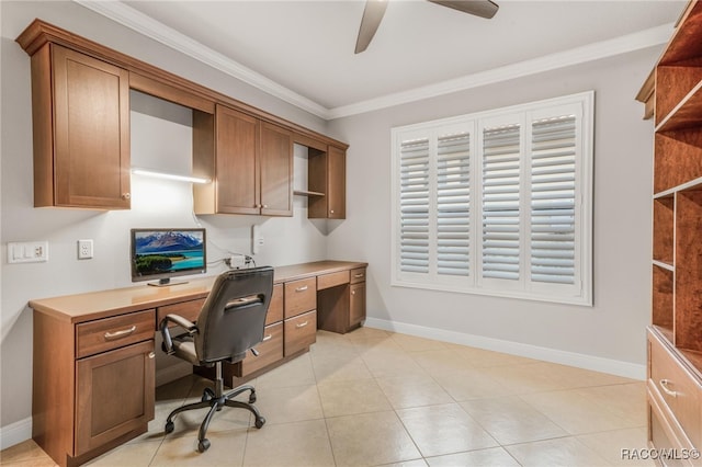 office area with ceiling fan, light tile patterned floors, and ornamental molding