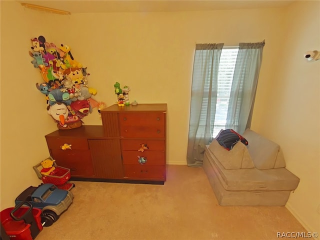 living area featuring light carpet