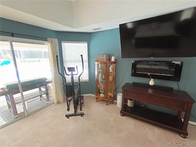 workout area with light colored carpet