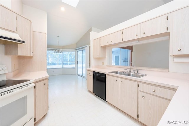 kitchen with white electric range, light brown cabinetry, black dishwasher, and sink