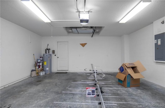 garage featuring a garage door opener, electric panel, and water heater