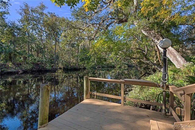 dock area featuring a water view and a view of trees