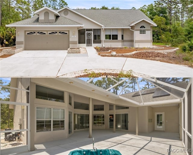 5725 N Durango Ter, Beverly Hills, FL 34465 - back of property with stucco siding, roof with shingles, an attached garage, and a patio area