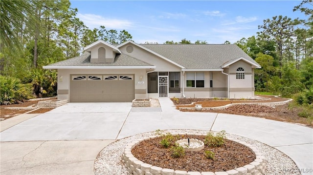 5725 N Durango Ter, Beverly Hills, FL 34465 - ranch-style house featuring curved driveway, roof with shingles, stucco siding, and a garage