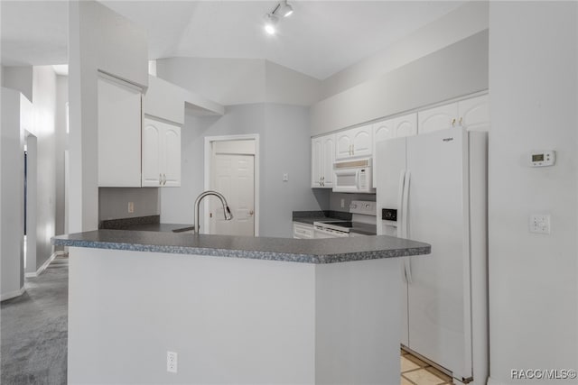 kitchen featuring white appliances, kitchen peninsula, sink, light colored carpet, and white cabinetry