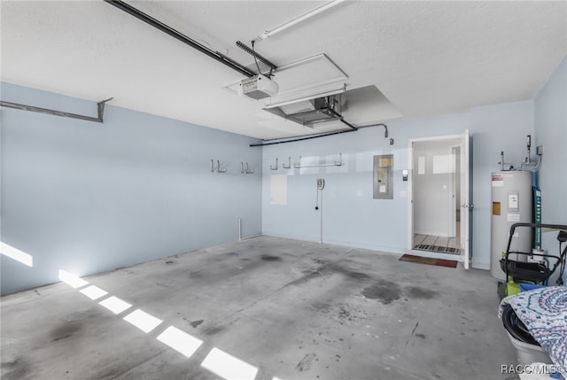 garage with a garage door opener, electric panel, and water heater