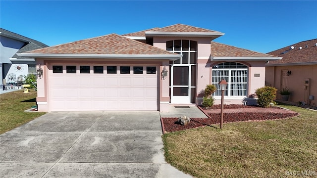 view of front of property with a garage and a front lawn