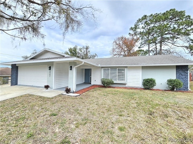 single story home with a garage, driveway, roof with shingles, and a front yard