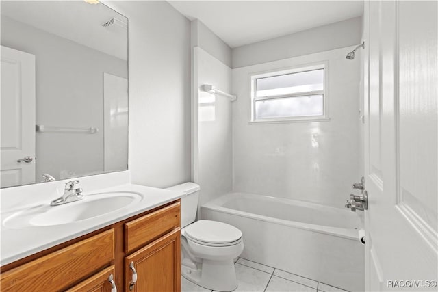 full bathroom with bathtub / shower combination, tile patterned floors, toilet, and vanity