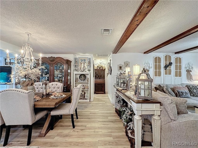 4101 E Gloria Dr, Hernando, FL 34442 - dining space featuring a textured ceiling, a chandelier, light wood-type flooring, and beam ceiling