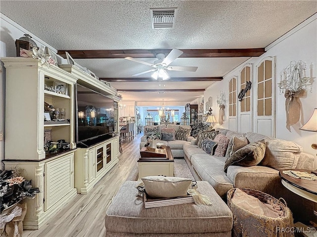 4101 E Gloria Dr, Hernando, FL 34442 - living area featuring light wood-type flooring, a textured ceiling, beam ceiling, and a ceiling fan