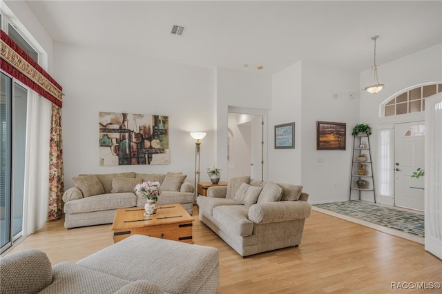 living room featuring a towering ceiling and light hardwood / wood-style flooring