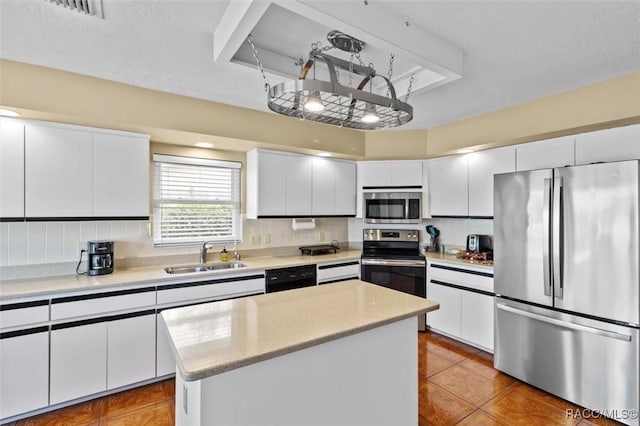 kitchen featuring sink, tasteful backsplash, a kitchen island, stainless steel appliances, and white cabinets