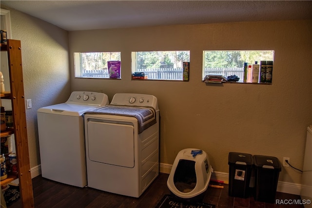 clothes washing area featuring dark hardwood / wood-style flooring and washing machine and dryer