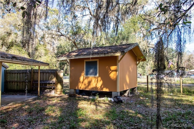 exterior space with a storage shed