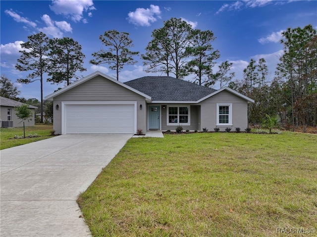 ranch-style house with a front yard, a garage, and central air condition unit