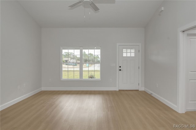 entrance foyer with light wood-type flooring and ceiling fan