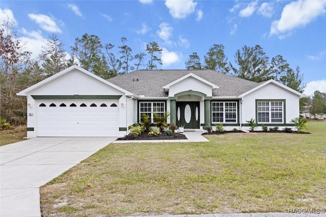 single story home featuring a garage and a front yard