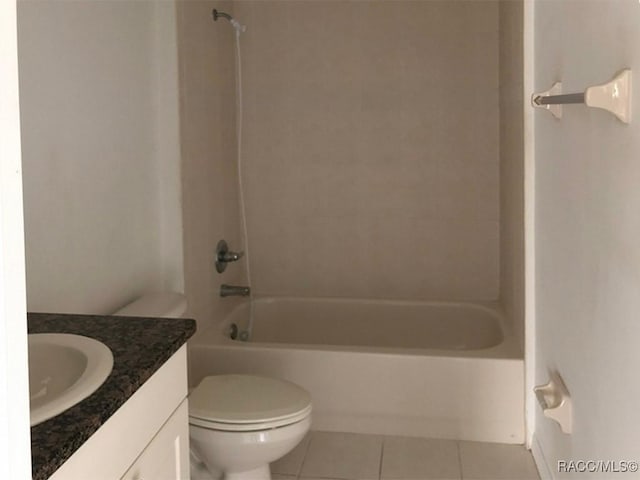 full bathroom with shower / bathtub combination, vanity, toilet, and tile patterned floors