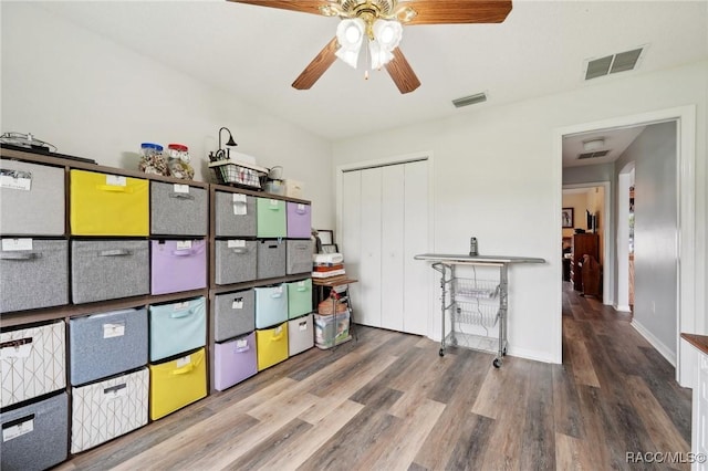 storage room featuring ceiling fan