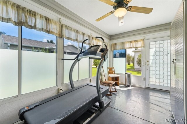 exercise room featuring ceiling fan