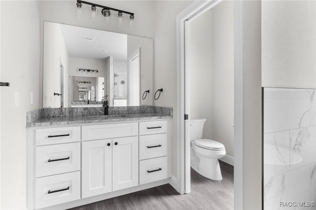 bathroom with walk in shower, wood-type flooring, toilet, and vanity