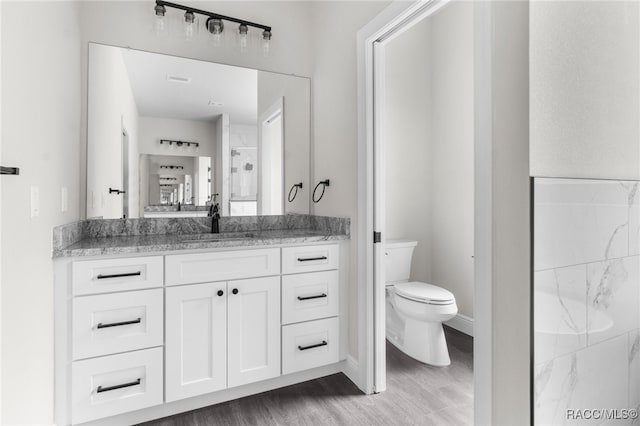 bathroom with vanity, hardwood / wood-style floors, toilet, and walk in shower