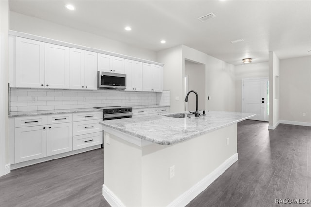 kitchen with sink, a center island with sink, white cabinets, and appliances with stainless steel finishes