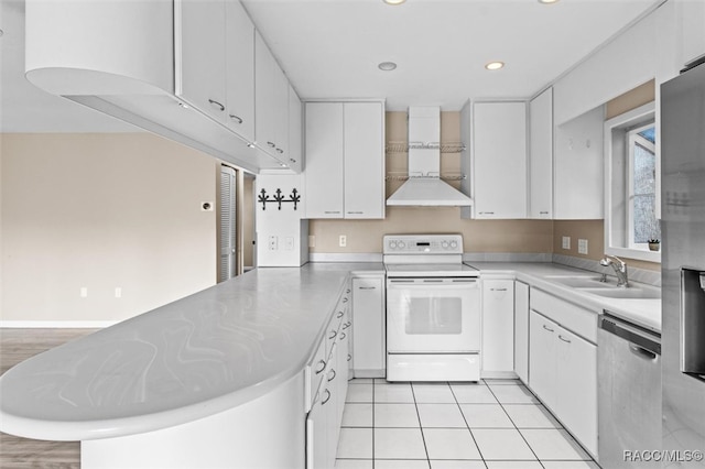 kitchen with wall chimney exhaust hood, electric range, white cabinets, and stainless steel dishwasher