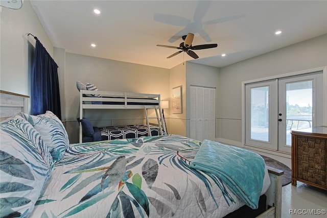 bedroom featuring french doors, ceiling fan, and access to outside