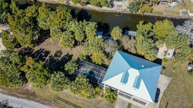 drone / aerial view with a water view