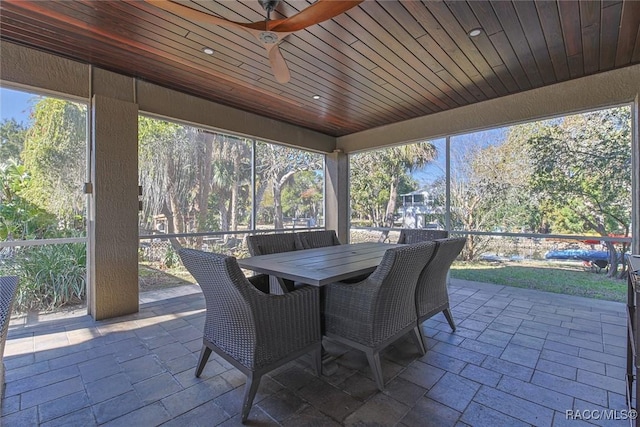 sunroom with ceiling fan and wood ceiling