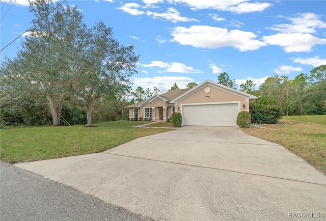 ranch-style house featuring a front lawn and a garage