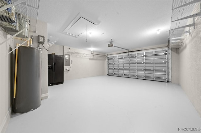 garage with electric panel, black fridge, and water heater