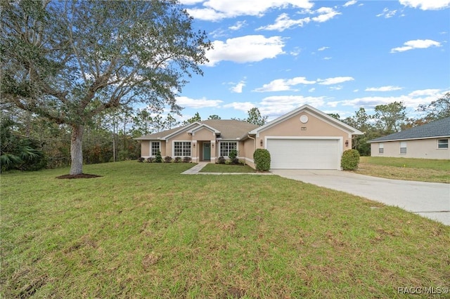 ranch-style house with a garage and a front lawn