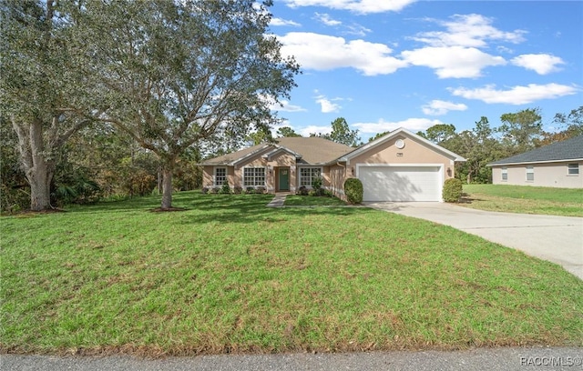 ranch-style home featuring a front yard and a garage