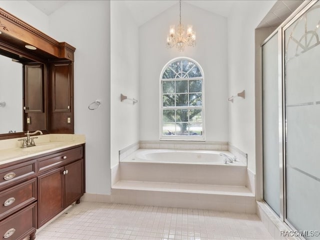 bathroom featuring vanity, plus walk in shower, a chandelier, and lofted ceiling