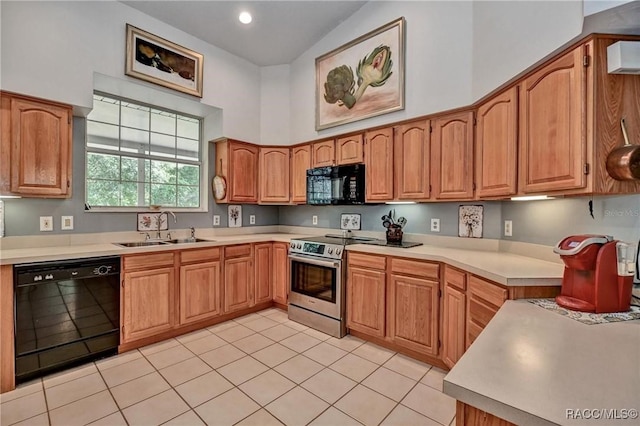 7802 N Fairwind Loop, Hernando, FL 34442 - kitchen with black appliances, a towering ceiling, light countertops, light tile patterned floors, and brown cabinets